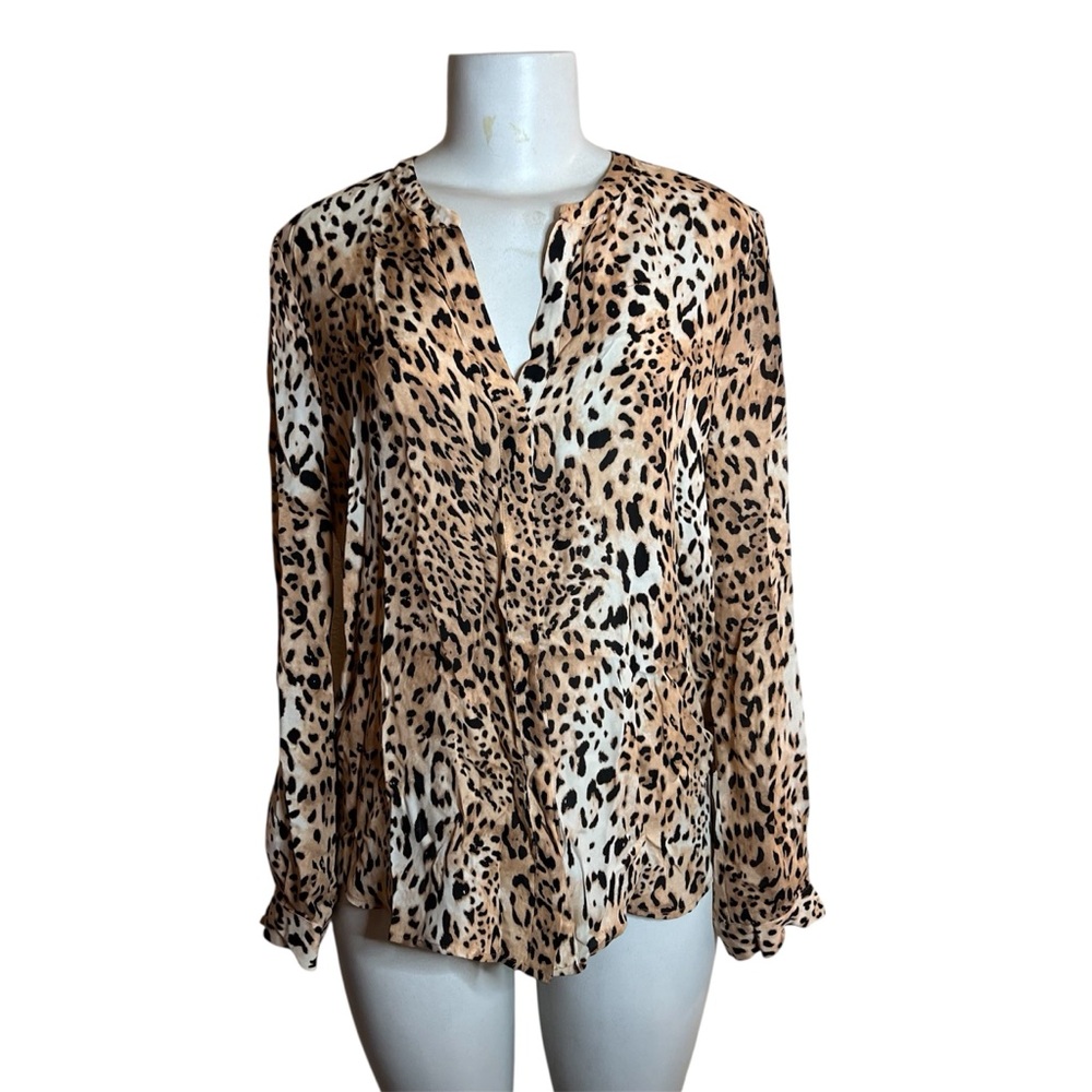 Joie Blouse Leopard Animal Print V Neck Top Long Sleeve Silk Button Front Shirt